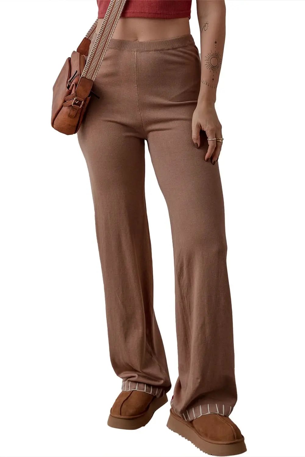 Straw Yellow High Waist Straight Leg Knitted Pants - Love Salve